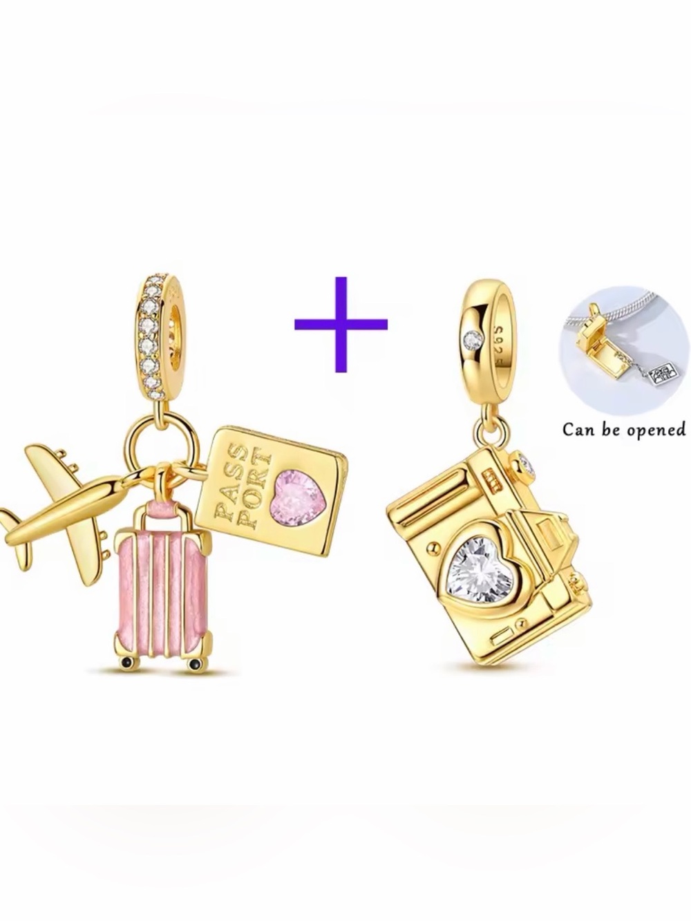 Pandora Gold & Pink Travel and Camera Charm Set